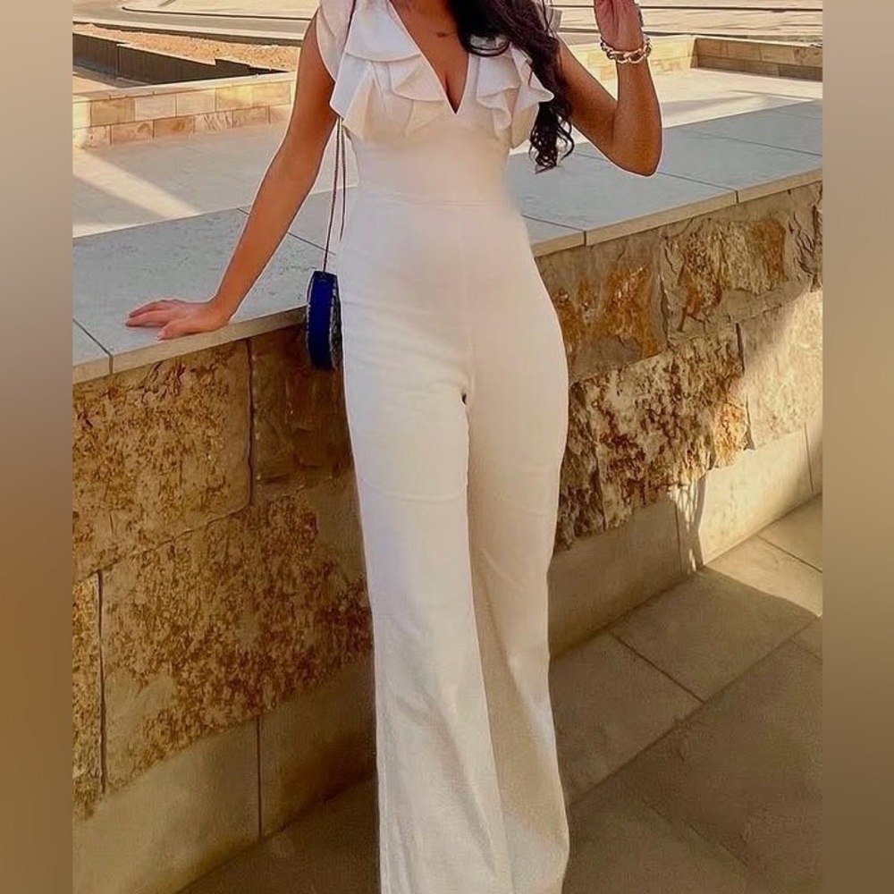 Fashion Nova Cream Ruffle Jumpsuit